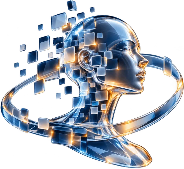 A glass head in profile with data tiles breaking away from it